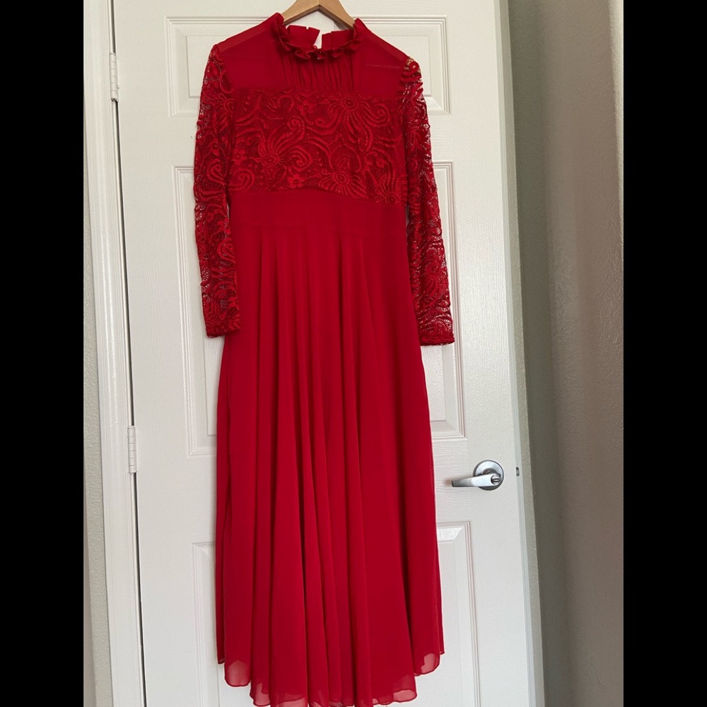 🌺Red Vintage Floral Lace Ruched Neck Maxi Dress